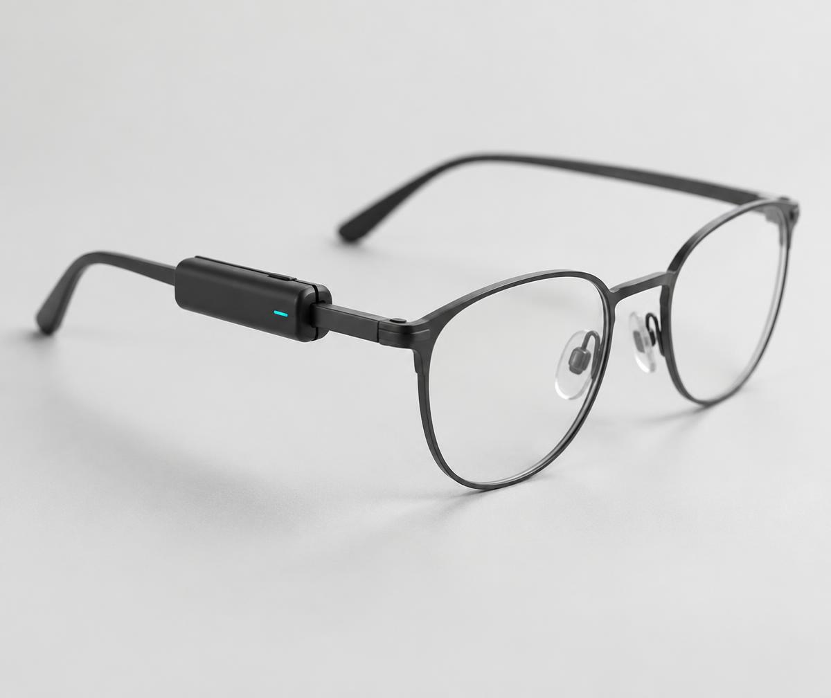 A compact 6ber smart device attached to the arm of ordinary everyday glasses